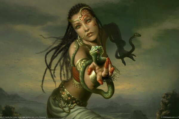 A girl with snakes in both hands