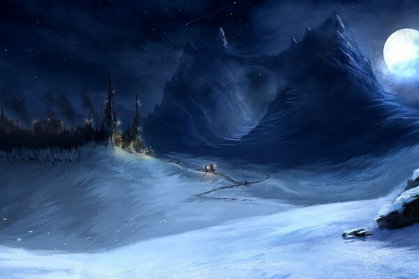 City lights on a snowy night against the background of the mountain behind the moon