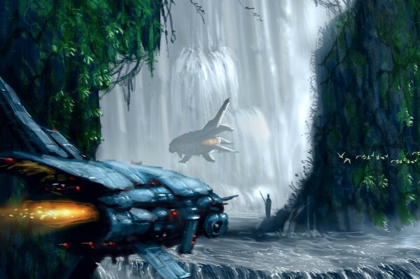 Raumschiff auf Wasserfall Hintergrund