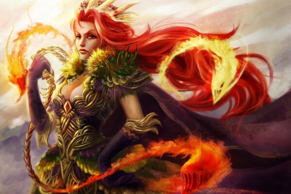 A girl with red hair and fiery creatures