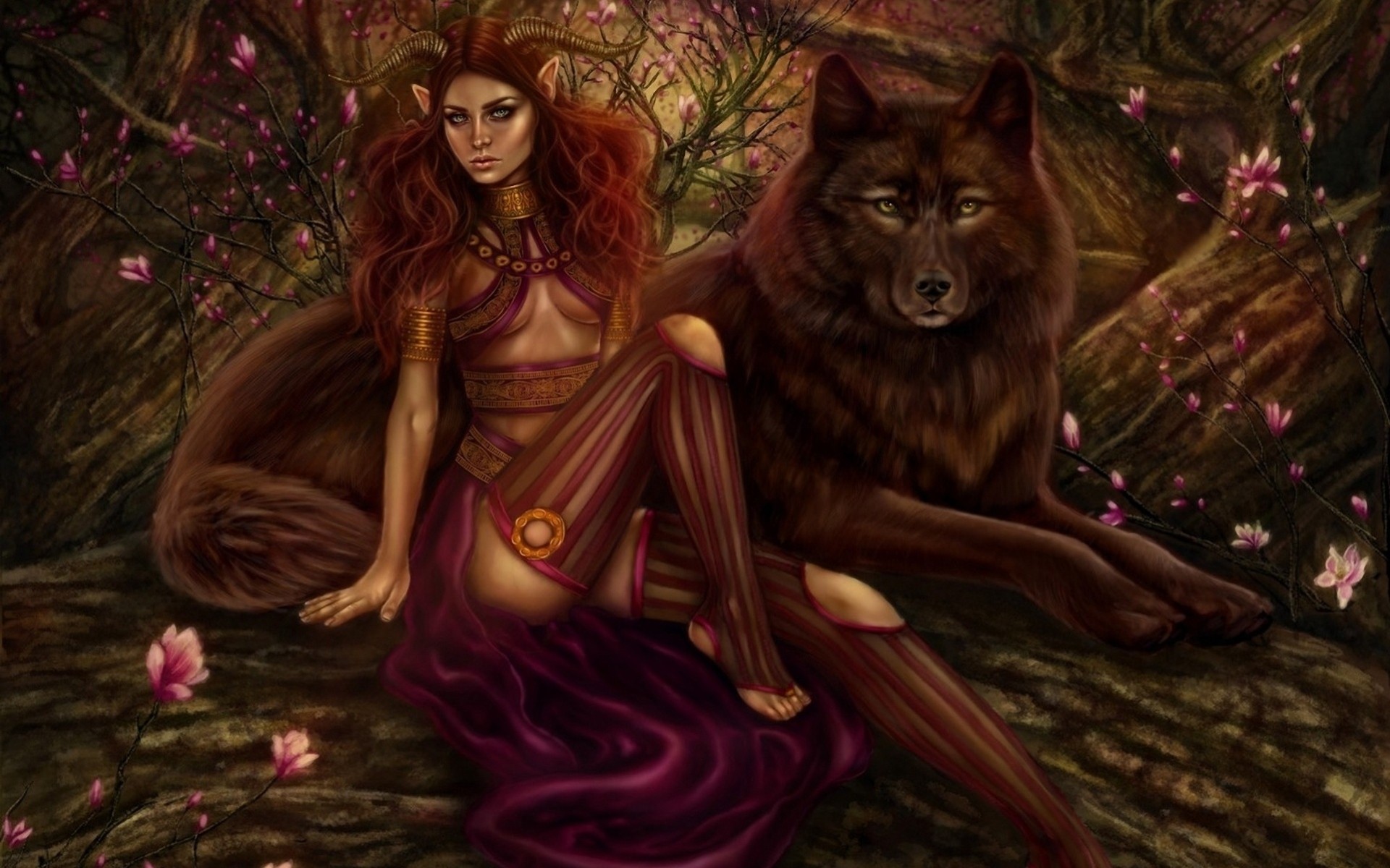 art girl demon wolf forest horn red