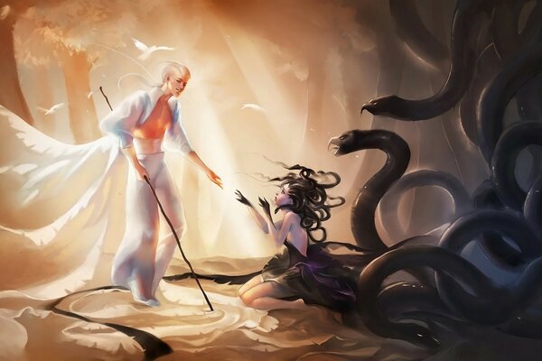 Sakimichan dziewczyna i węże naprzeciwko człowieka w białym