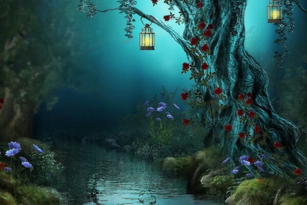 Bellezza notturna nella foresta vicino al fiume