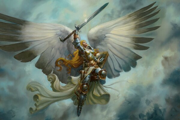 A warrior angel with wings ascended into the sky