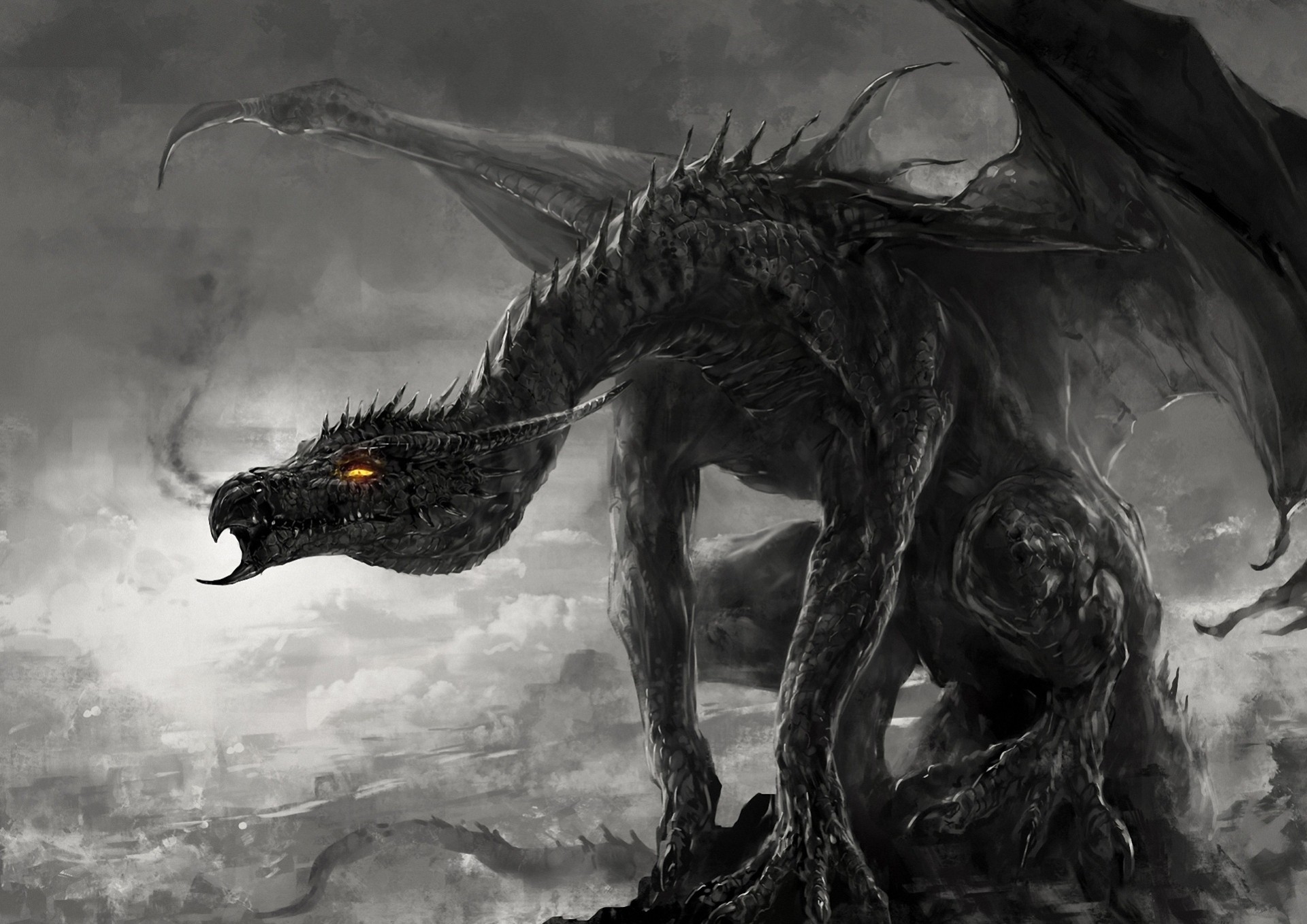 dragon black and white monster art