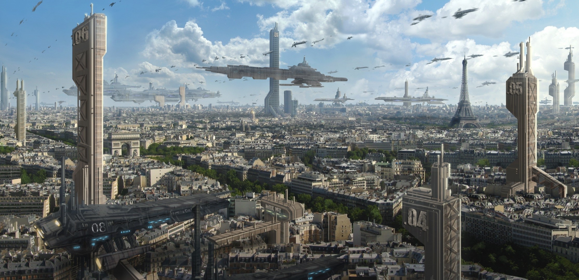 arte grattacieli vista trasporti futuro torre eiffel parigi città nuvole astrokevin arco di trionfo navi