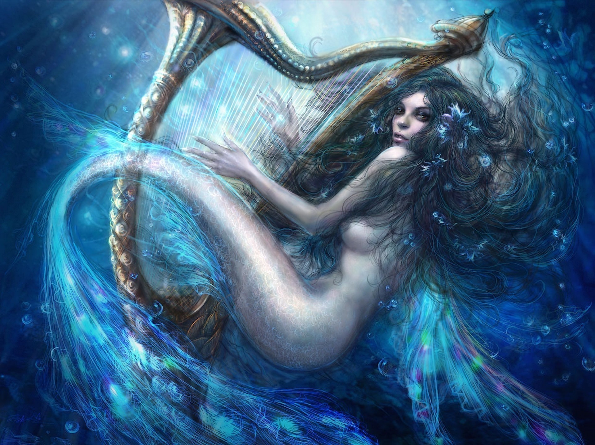 arte sott acqua fiori arpa sirena strumento musicale coda