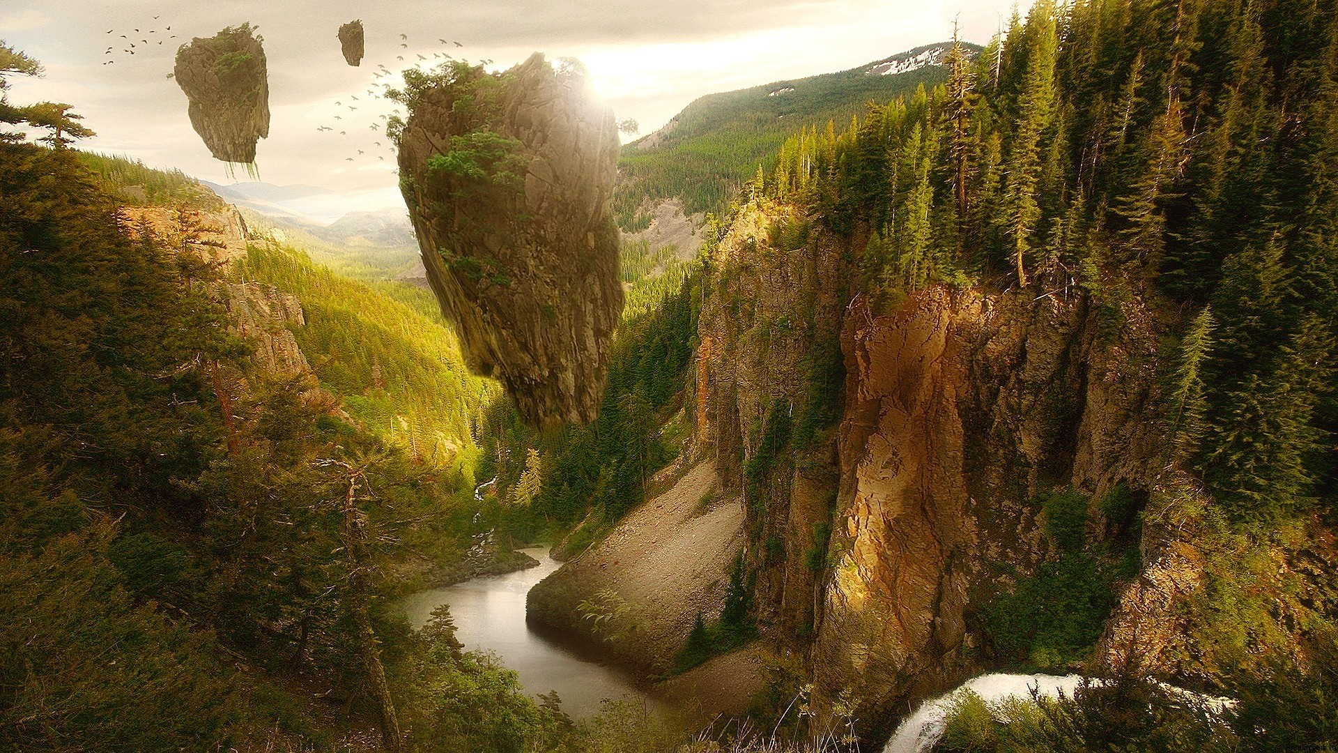 fluss fliegende inseln bäume wald palmen fantasie vögel