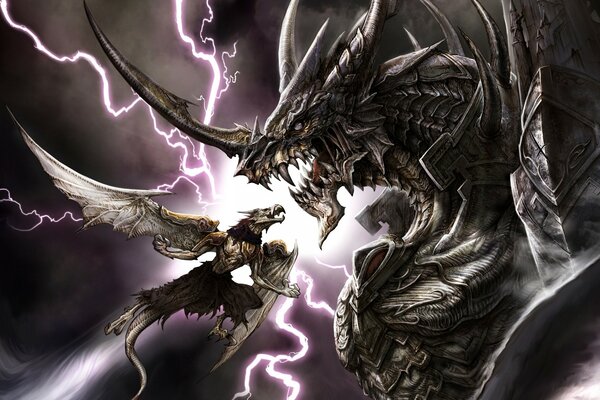 Lucha con el dragón en el cielo tormentoso