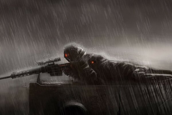 Позиция снайпера с винтовкой под дождем