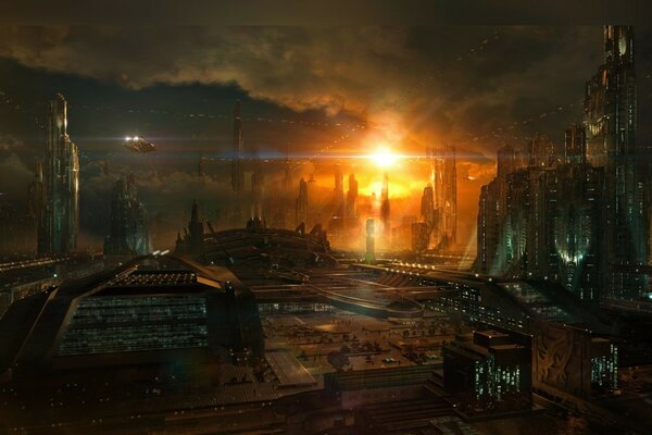Восход феникса в далеком фантастическом мире. мрачные здания и город