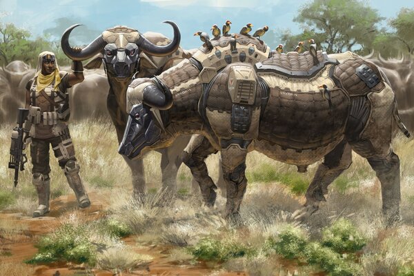 Warrior and robot buffaloes. Mechanisms