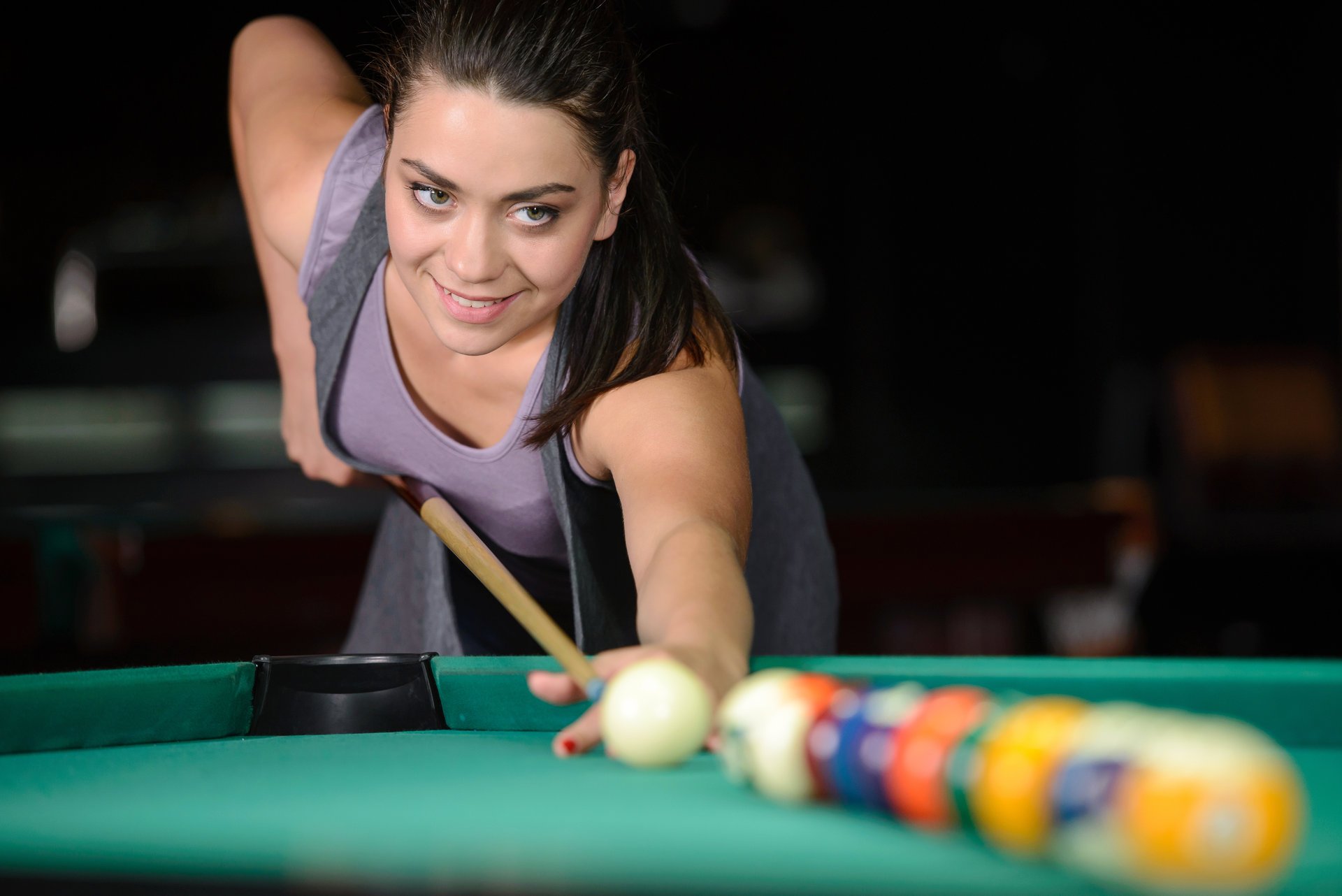 woman pool pose smile