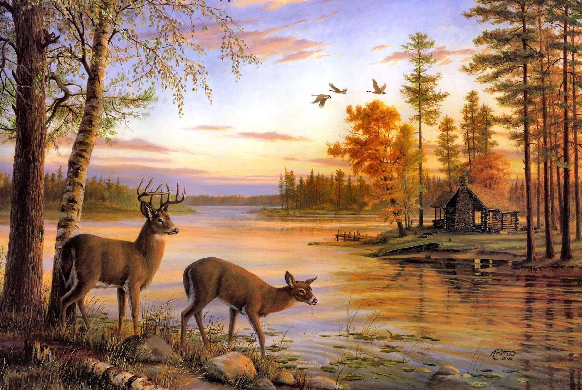 painting birch mary pettis a quiet evening river deer nature