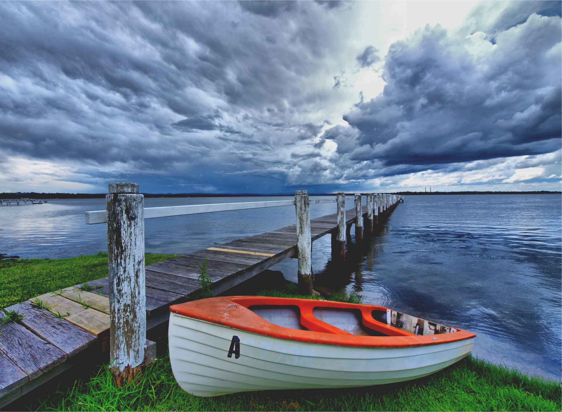 himmel gewitter brücke ufer boot wolken see