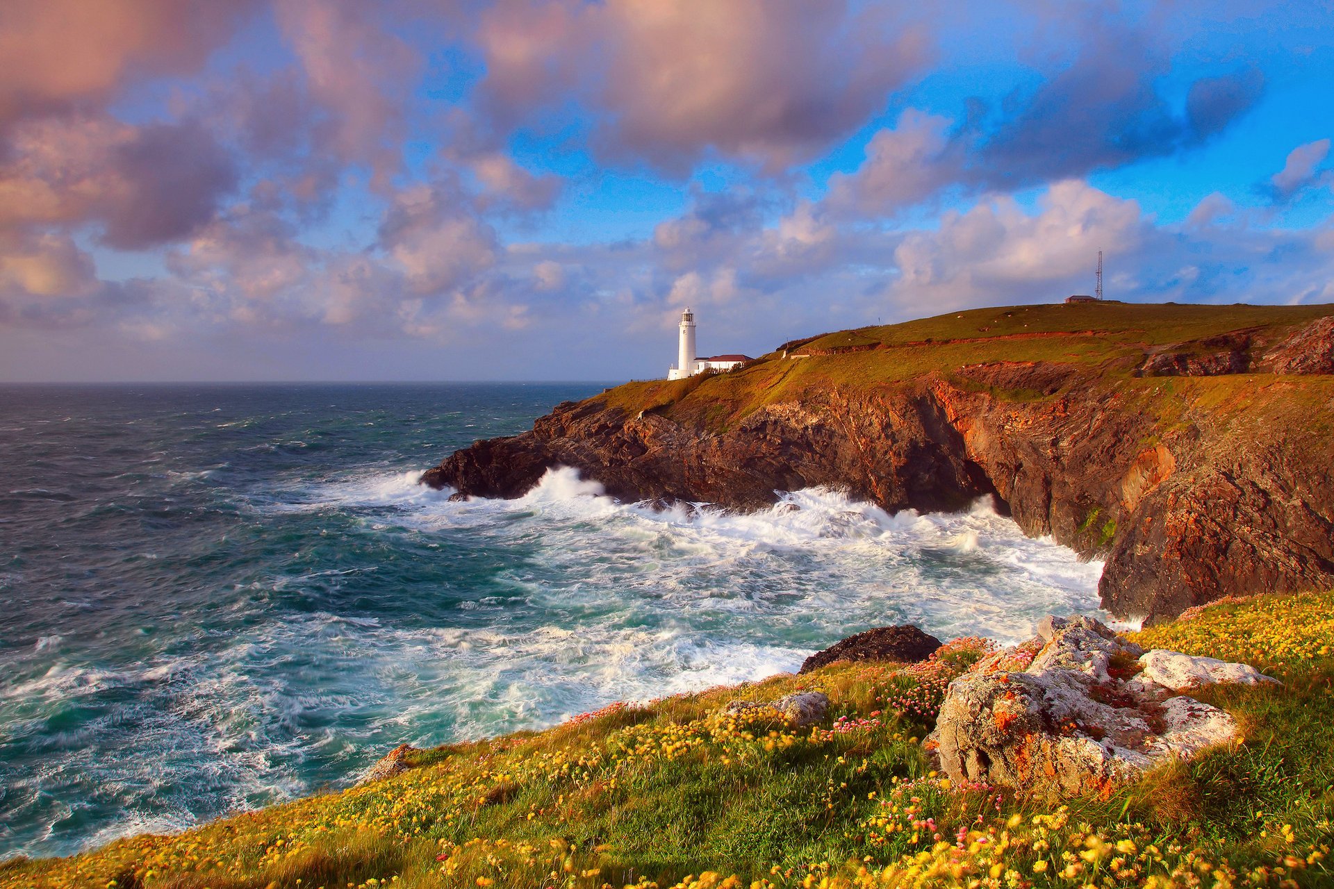 the sky the ocean wave clouds shore lighthouse rock