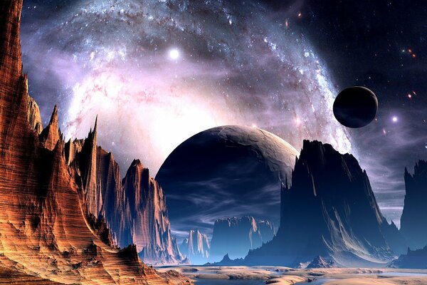 Alien landscape with a view of the mountains and the cosmic sky