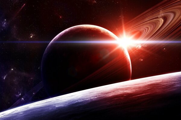 Les anneaux de la planète Saturne sont brillants avec une étoile