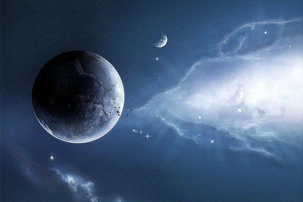 Rappresentazione Fantasy dei pianeti e della nebulosa cosmica