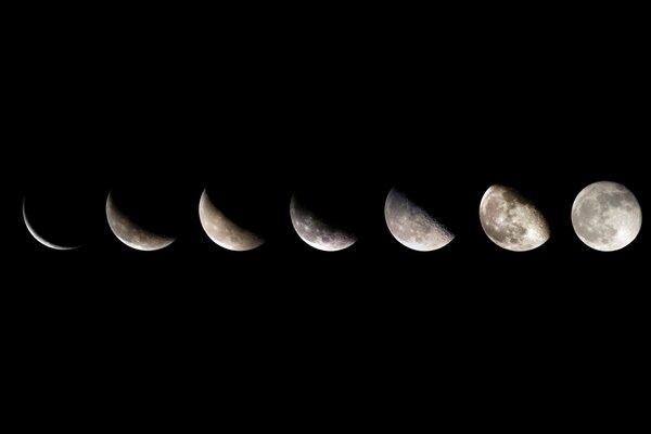 Die Wachstumsphasen des Mondes vom Neumond bis zum Vollmond auf schwarzem Hintergrund