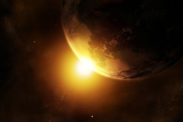 The sun peeks out from behind a planet in space