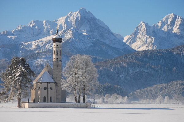 Temple near the mountain in winter