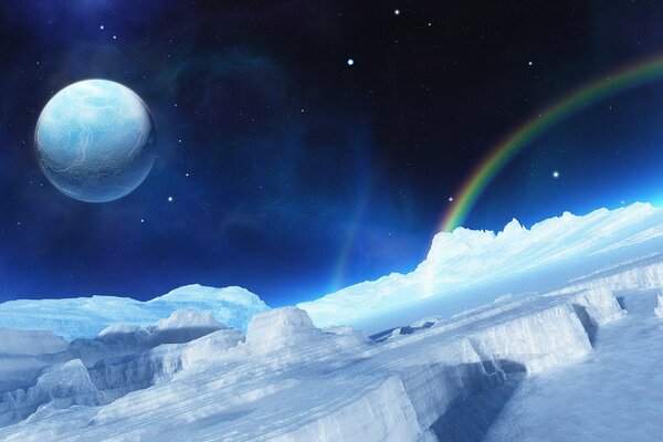 Ice, rainbow planet in the sky with stars