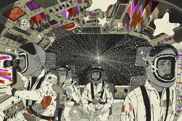 Drawing of astronauts in a spaceship