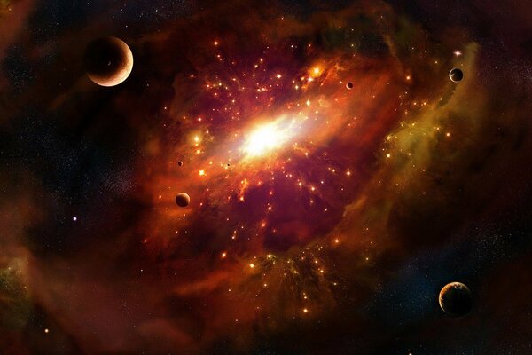 Astronomical art red nebula among the planets