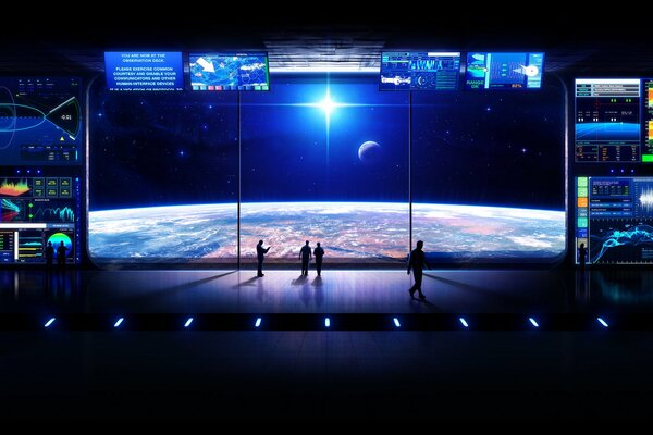 Una gran pantalla en el espacio donde sólo los planetas y las estrellas
