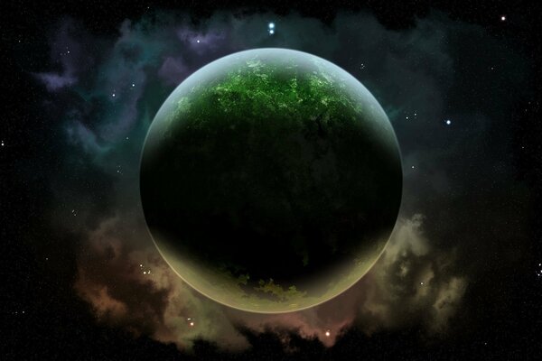 Zielona planeta w gazowych chmurach wszechświata
