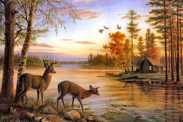 Pintura de una casa en la orilla del río con ciervos caminando