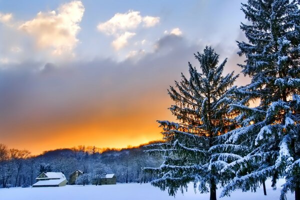 Orange sunset in winter in the mountains