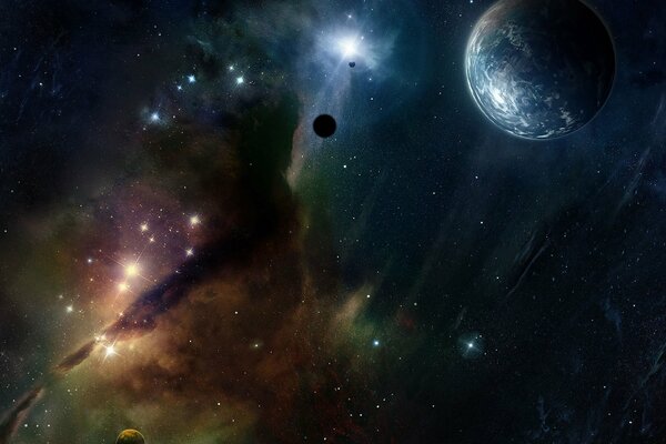 There is a nebula of stars and planets in space