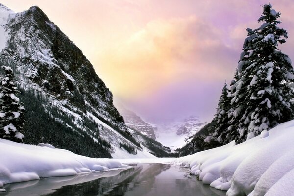 Rocky rocks and forest in the winter valley