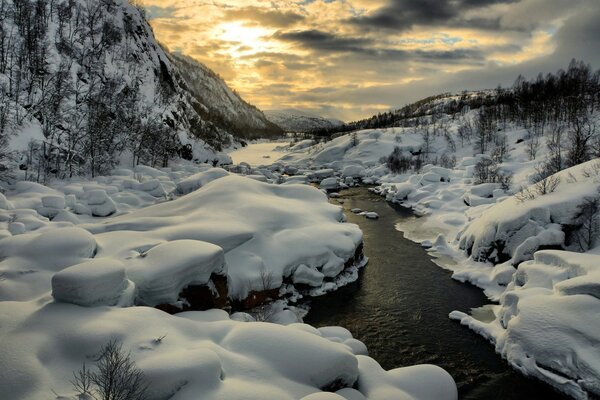 A river without ice in a winter landscape