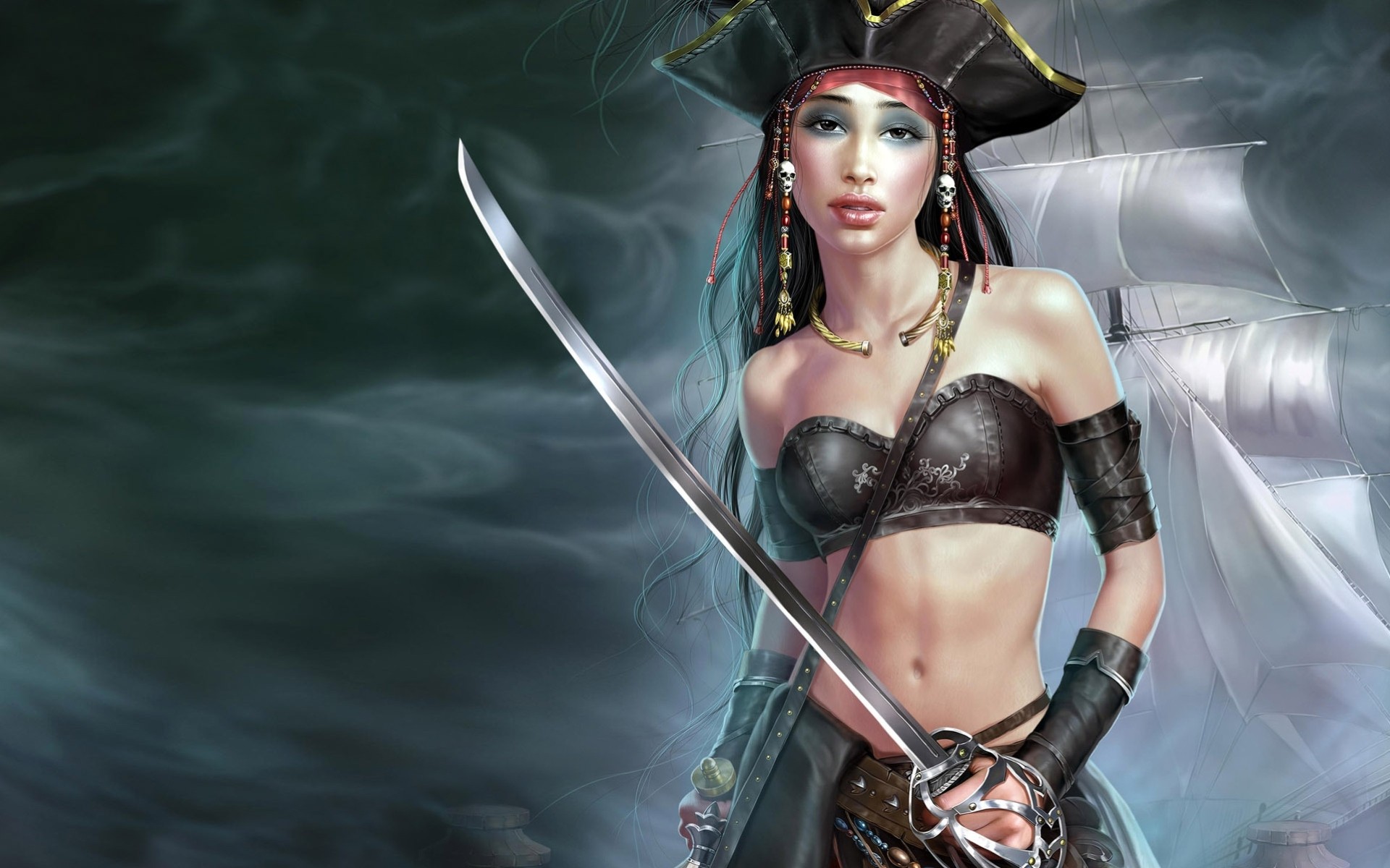 pirate art arme fille navire épée triangle fumée voiles voilier chapeau