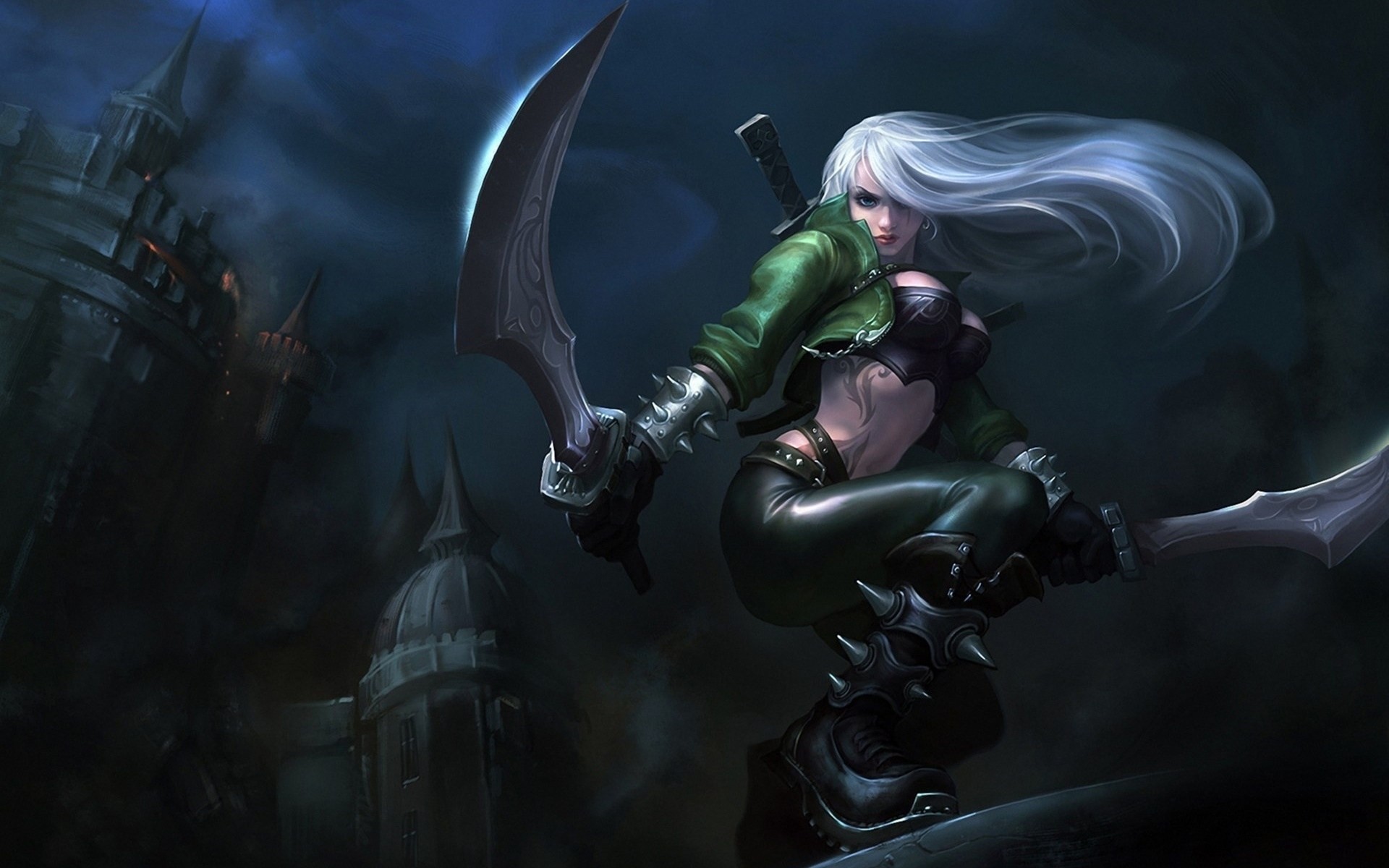 clouds night pose blade sky killer town sitting sword swords evil girl