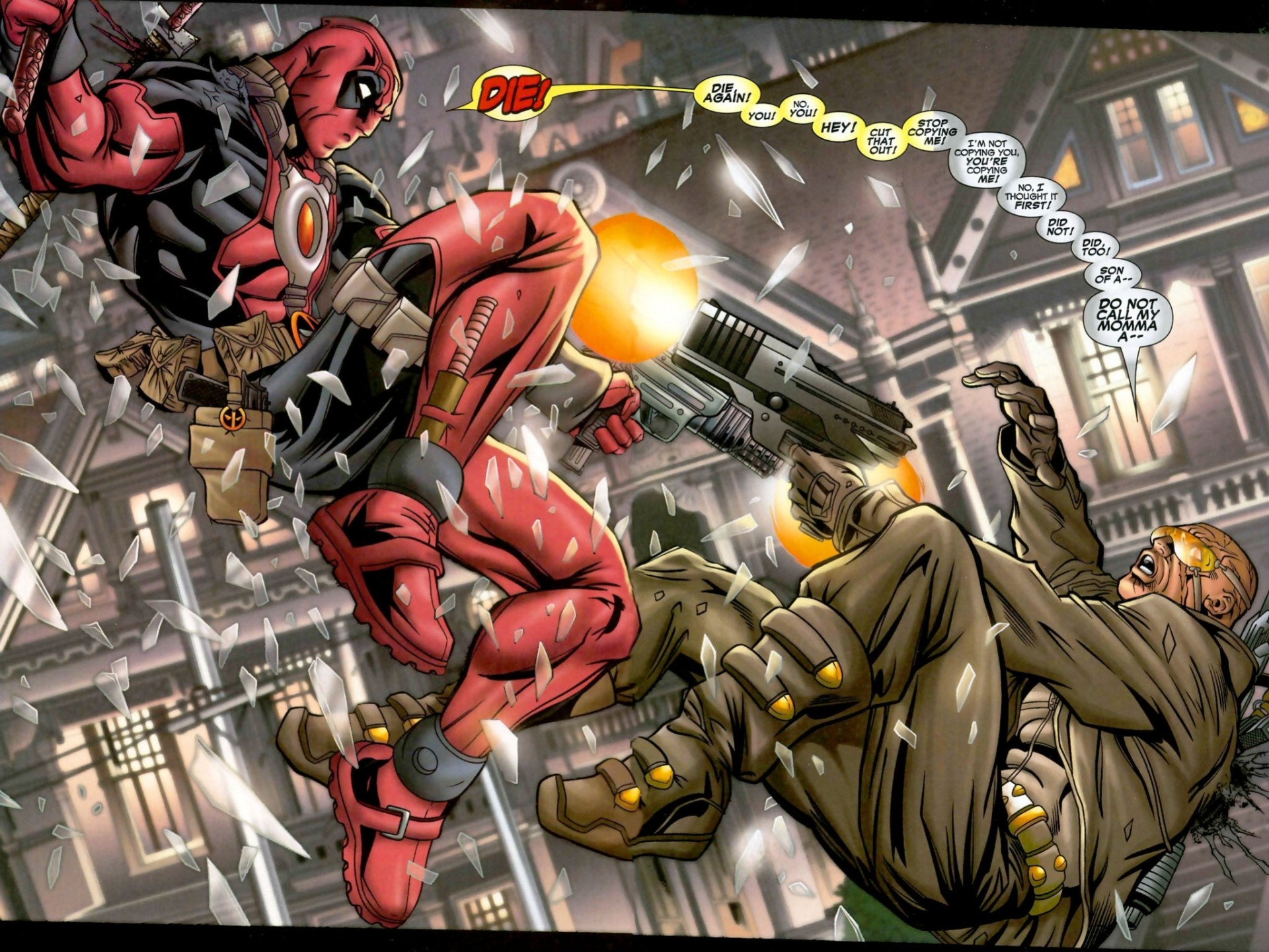 deadpool forteresse volante armes coups de feu héros bande dessinée ninja chute marvel sang