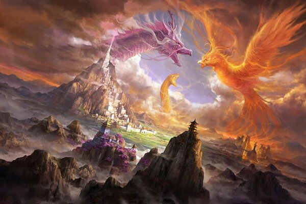 Lutte contre le dragon et les oiseaux dans le ciel