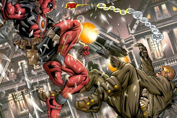 L eroe marvel di Deadpool spara con le pistole