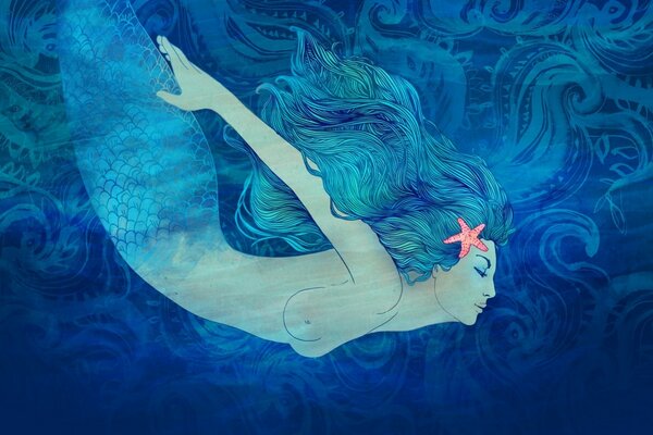 A girl in the form of a mermaid at the bottom of the sea