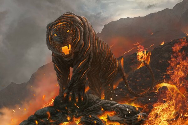 Tiger art from lava in the mountains