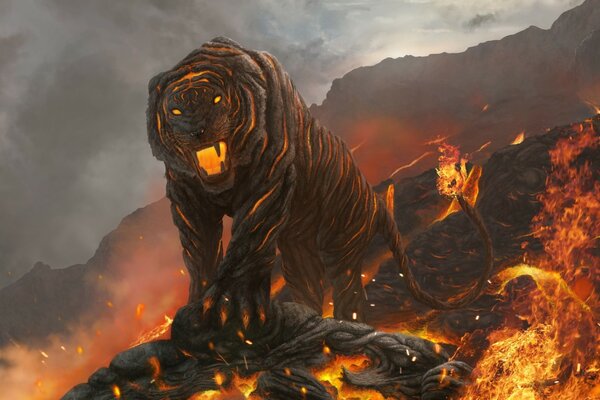 Arte del tigre de lava en las montañas