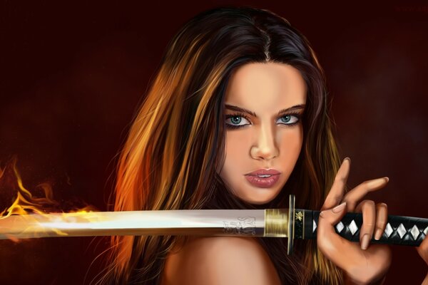 A blue-eyed girl with a sword burning with fire