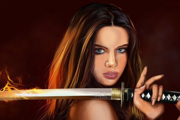 Chica de ojos azules con una espada de fuego ardiente
