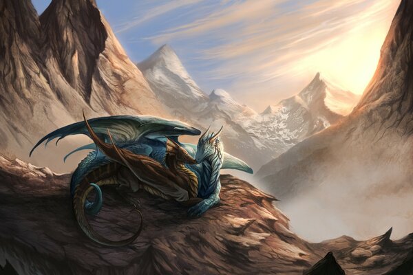 Пара драконов отдыхает на склоне горы