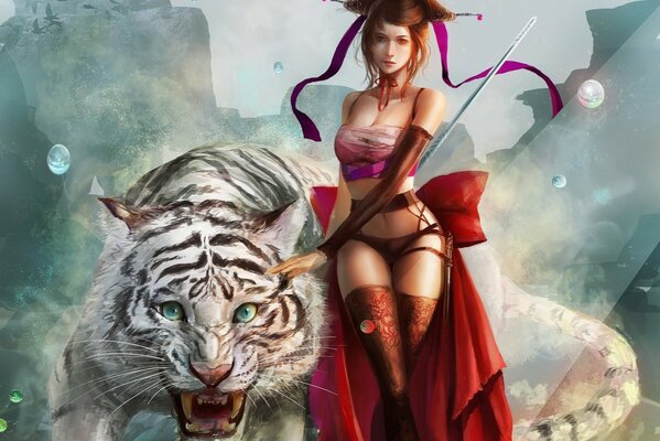 Warrior girl with a white tiger