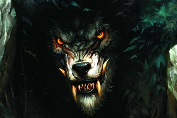 Il lupo spaventoso con gli occhi rossi e il sorriso