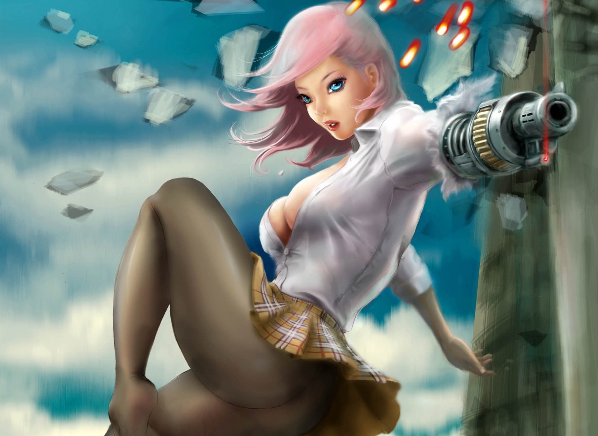 art weapon girl t-shirt shootout breasts skirt